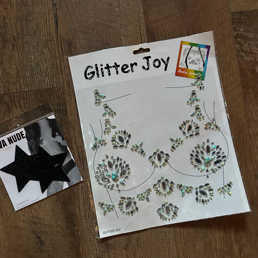 Women's Glitter Joy Clear Body Jewelry & Neva Nude Black Pasties One Size